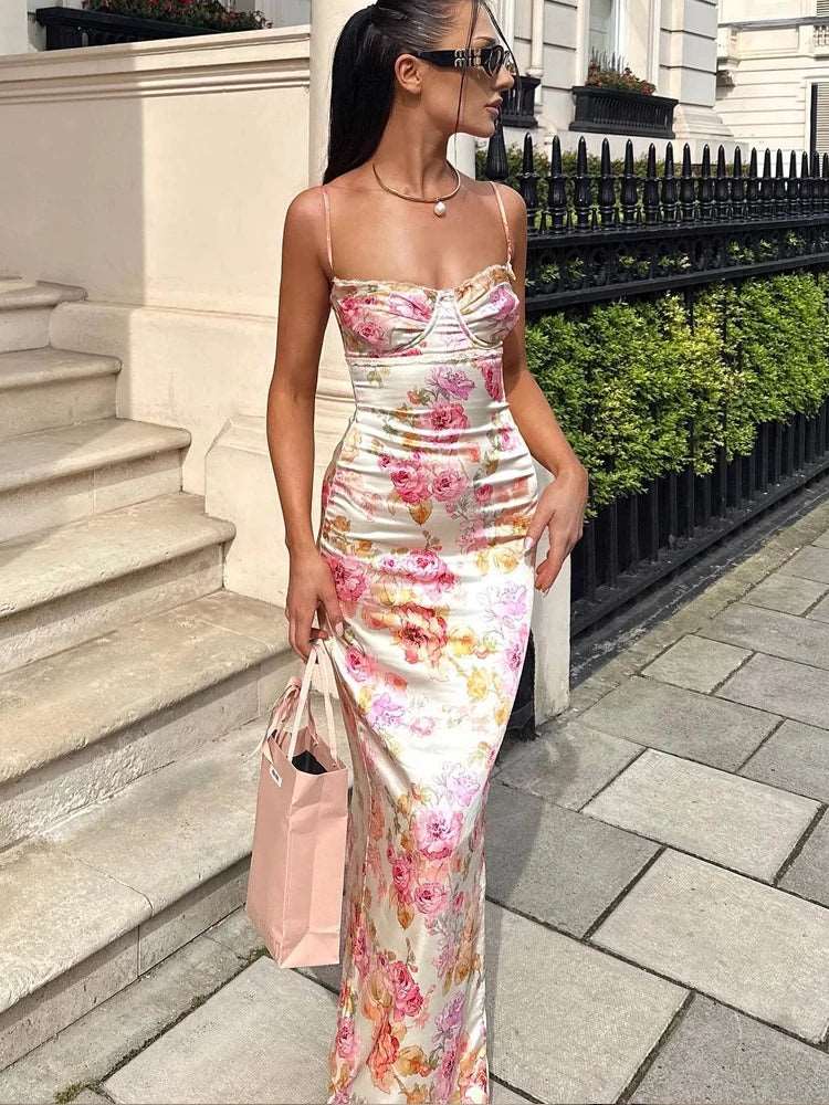 שמלת מקסי פרחונית לנשים עם כתפיות דקות, גזרת Bodycon נשית לאירועים וחופשות – דגם רוני