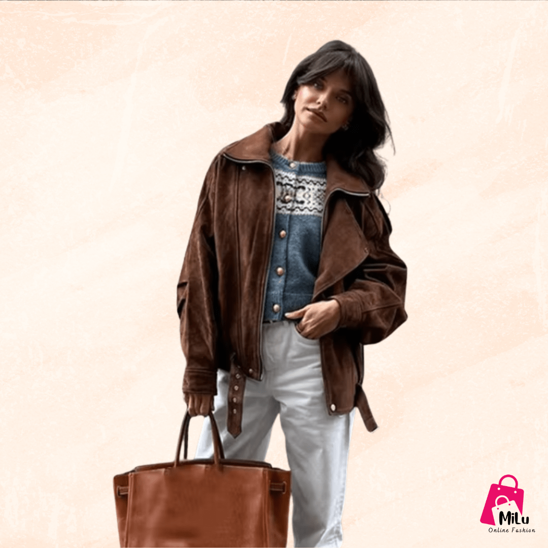 מעיל דמוי עור לנשים בצבע חום – Milu Shop